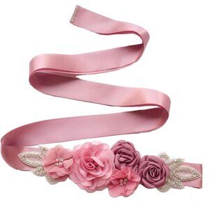 Wedding Sash Belt Satin Flower Pearl Rhinestone Bridal Baby Shower Dress